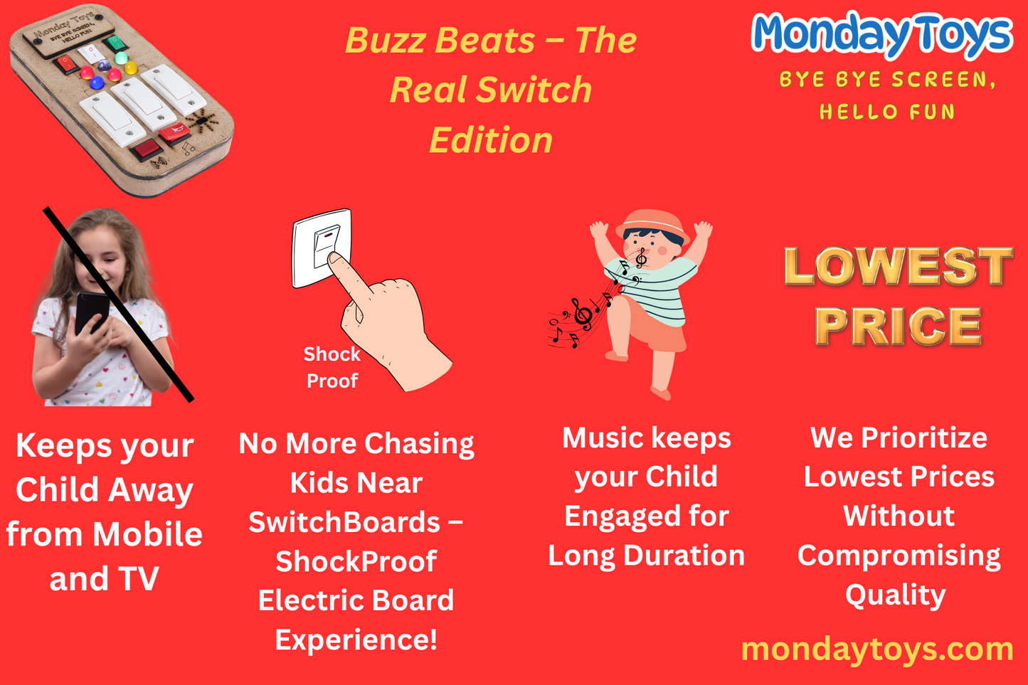 Buzz Beats – Musical Montessori Busy Board with Real Switches | Keeps Kids Away from Screen | Electric Board Fun Without the Danger | Easy To Press Switches with Music, Lights & Gentle Vibration Play | 6 month+ Can Easily Press The Switches and Play