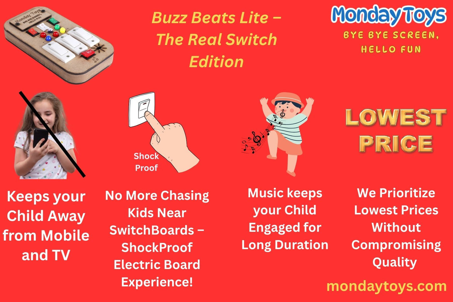 Buzz Beats Lite – Musical Montessori Busy Board with Real Switches | Keeps Kid Away from Screen | Safe & Easy to Press Switches Fun with Music & Light | 6 months+ can easily press switches and play |