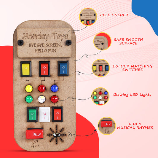 Glow Beats – Musical Montessori Busy Board with Colour-Matching LED Switches | 6-in-1 Musical Play | Compact, Safe & Travel-Friendly | Screen-Free Toy | 6 months+