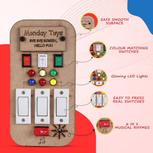 Buzz Beats Lite – Musical Montessori Busy Board with Real Switches | Keeps Kid Away from Screen | Safe & Easy to Press Switches Fun with Music & Light | 6 months+ can easily press switches and play |