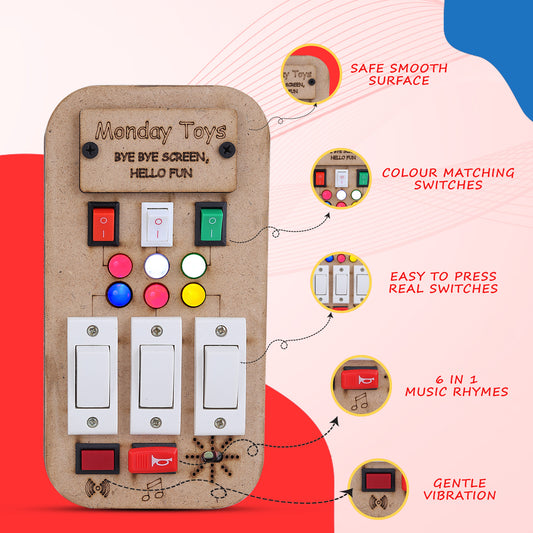 Buzz Beats – Musical Montessori Busy Board with Real Switches | Keeps Kids Away from Screen | Electric Board Fun Without the Danger | Easy To Press Switches with Music, Lights & Gentle Vibration Play | 6 month+ Can Easily Press The Switches and Play