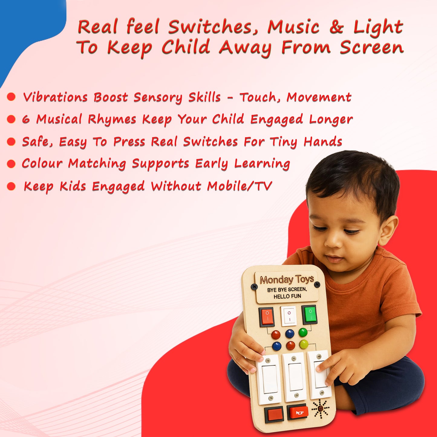 Buzz Beats – Musical Montessori Busy Board with Real Switches | Keeps Kids Away from Screen | Electric Board Fun Without the Danger | Easy To Press Switches with Music, Lights & Gentle Vibration Play | 6 month+ Can Easily Press The Switches and Play