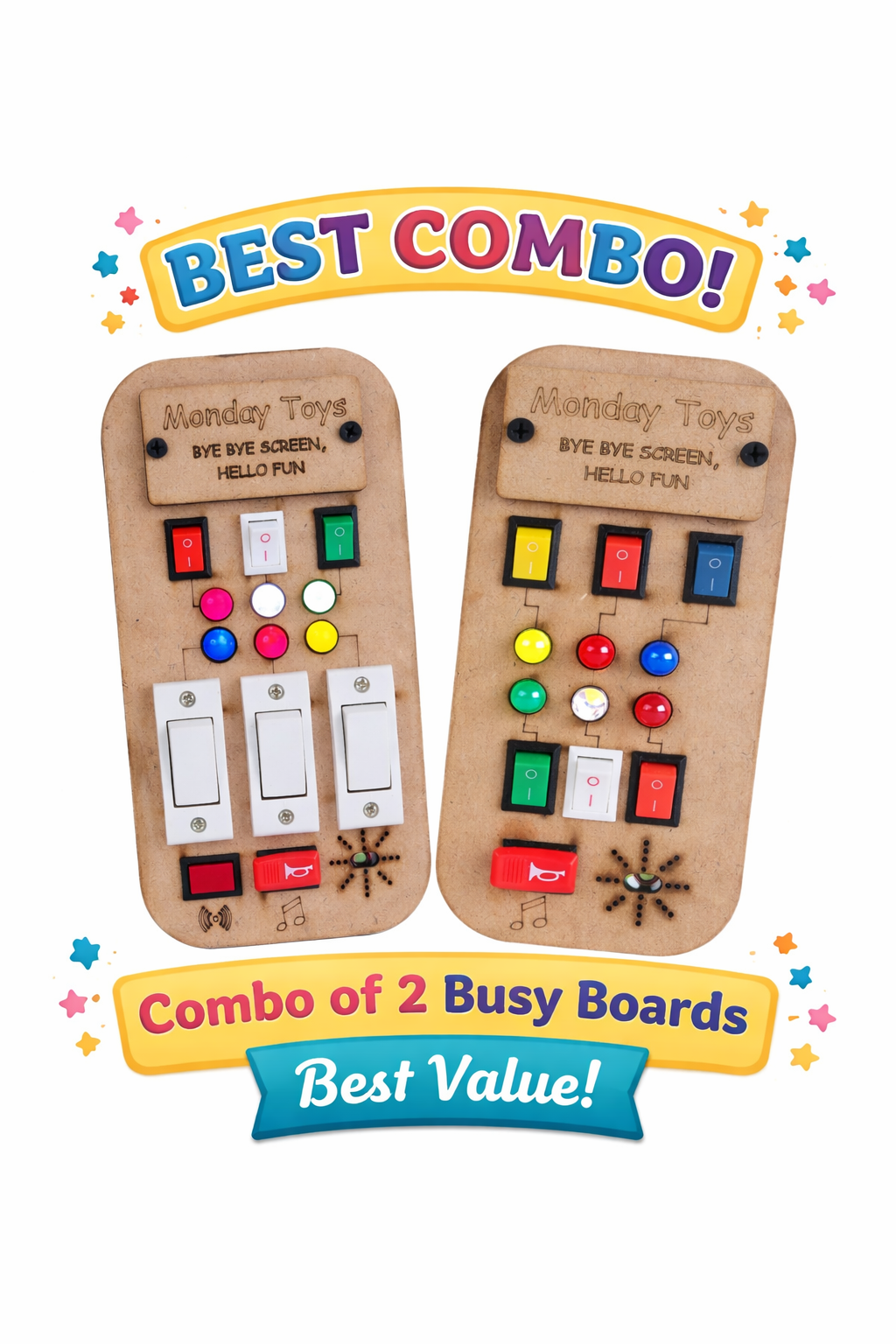 Busy Board Combo Pack – Set of 2 (Real Switches, Lights & Music) Keeps Kids Away from Screen | Electric Board Fun Without the Danger | Perfect for 6 months to 4 years