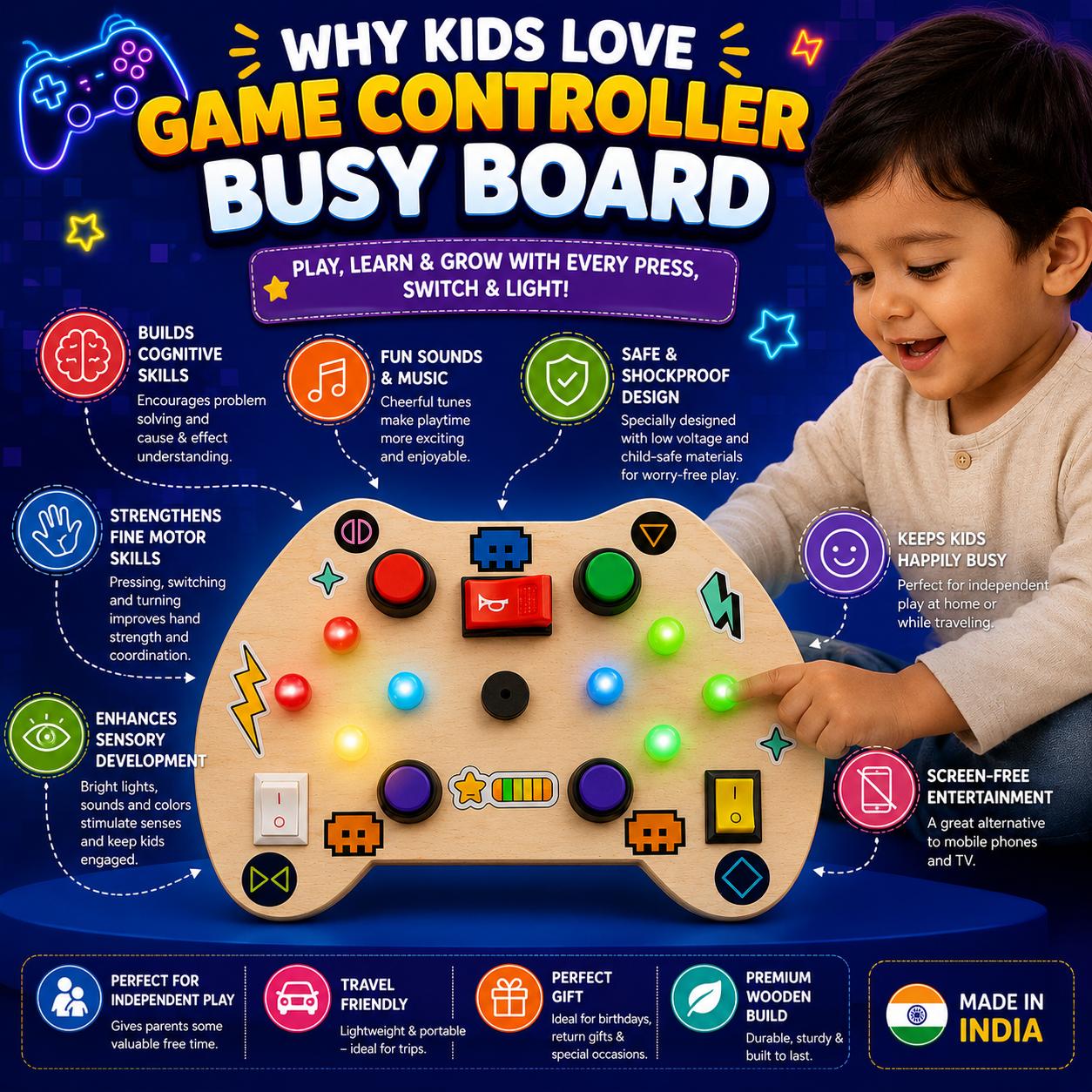 Game Remote Montessori Musical Busy Board | Screen-Free Learning, Safe Exploration & Endless Fun for Curious Little Hands (9 Months to 4 Years)