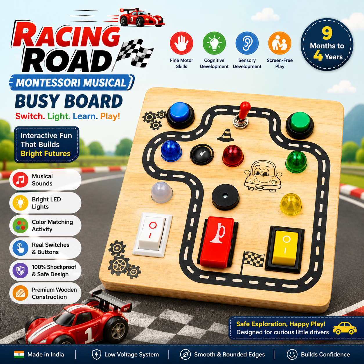 Racing Road Montessori Musical Busy Board | Screen-Free Learning, Safe Exploration & Endless Fun for Curious Little Hands (9 Months to 4 Years)