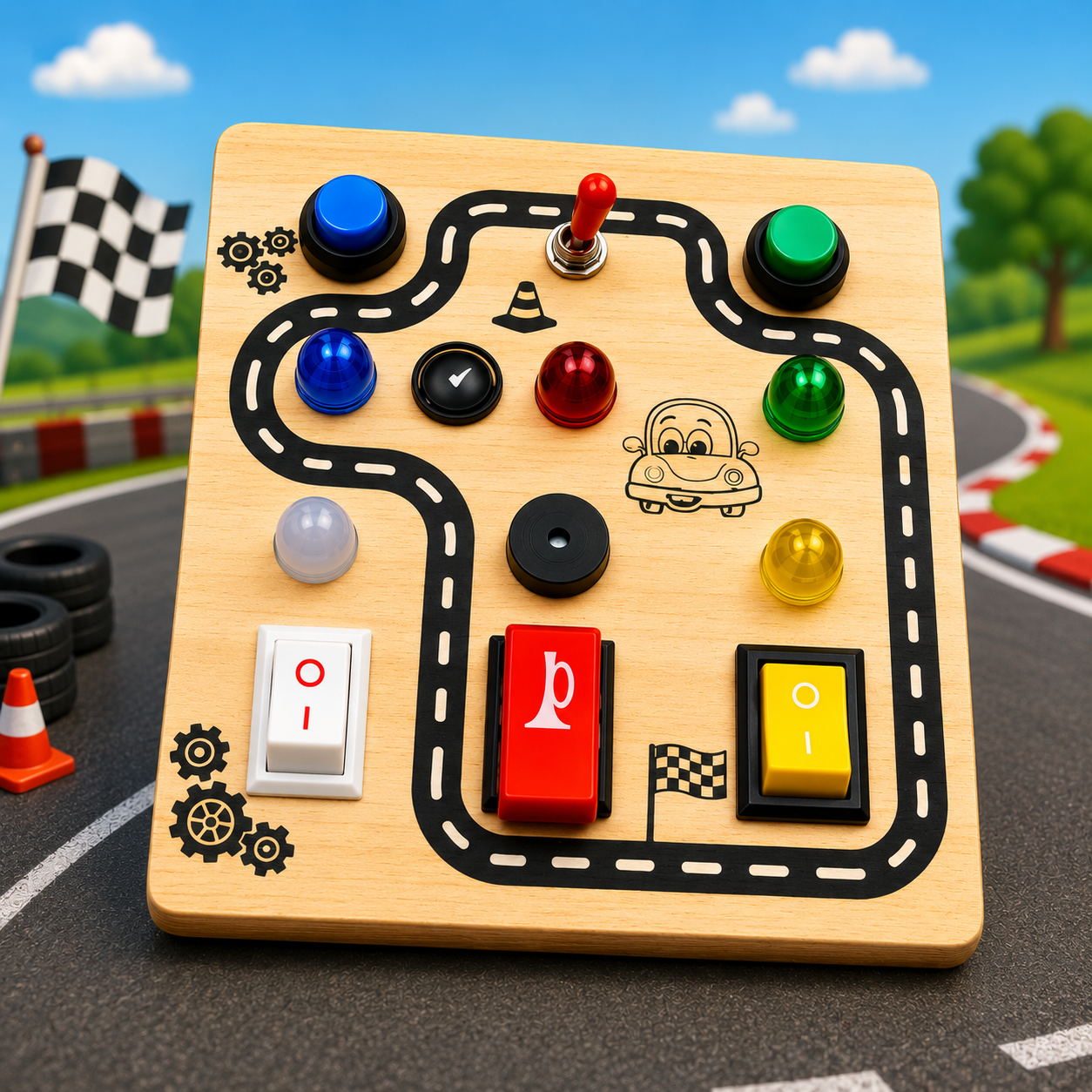 Racing Road Montessori Musical Busy Board | Screen-Free Learning, Safe Exploration & Endless Fun for Curious Little Hands (9 Months to 4 Years)
