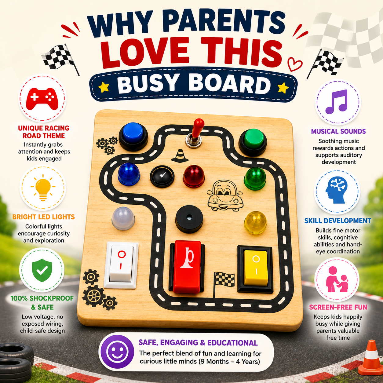 Racing Road Montessori Musical Busy Board | Screen-Free Learning, Safe Exploration & Endless Fun for Curious Little Hands (9 Months to 4 Years)