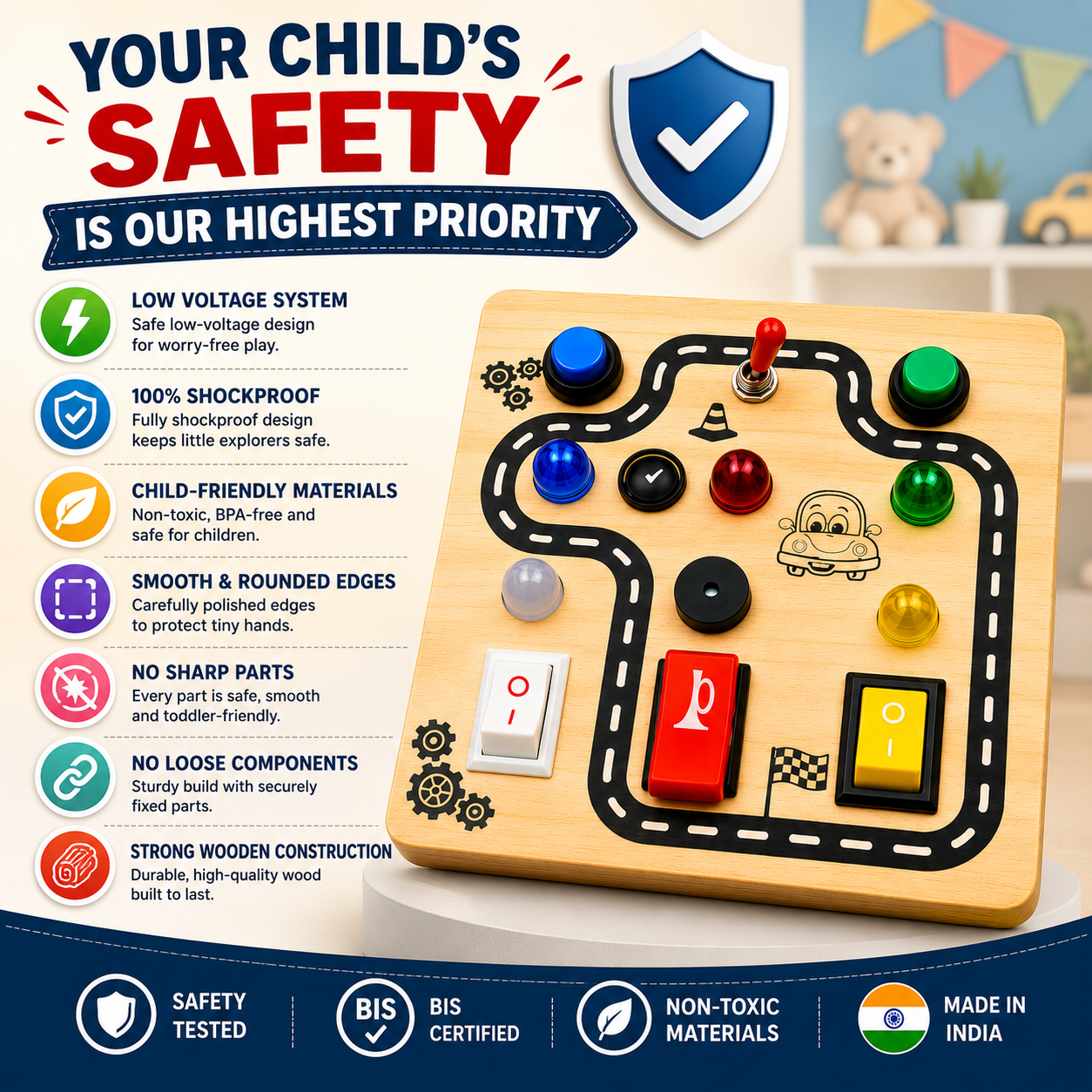 Racing Road Montessori Musical Busy Board | Screen-Free Learning, Safe Exploration & Endless Fun for Curious Little Hands (9 Months to 4 Years)