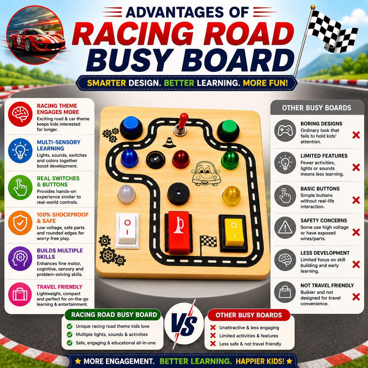 Racing Road Montessori Musical Busy Board | Screen-Free Learning, Safe Exploration & Endless Fun for Curious Little Hands (9 Months to 4 Years)