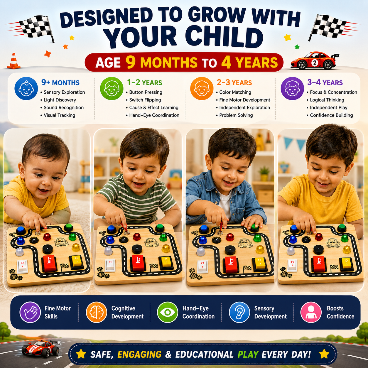 Racing Road Montessori Musical Busy Board | Screen-Free Learning, Safe Exploration & Endless Fun for Curious Little Hands (9 Months to 4 Years)