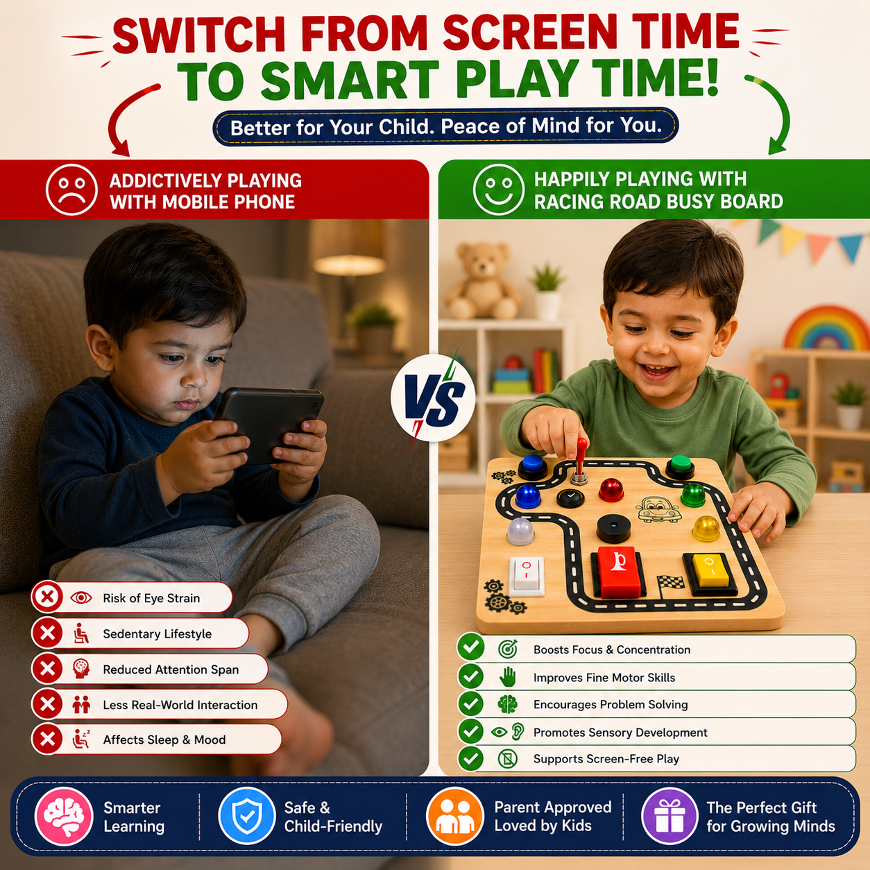 Racing Road Montessori Musical Busy Board | Screen-Free Learning, Safe Exploration & Endless Fun for Curious Little Hands (9 Months to 4 Years)