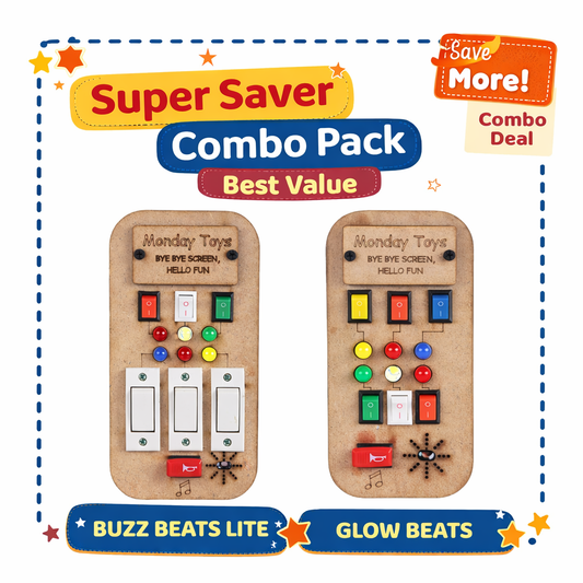 Busy Board Lite Combo Pack – Set of 2 (Real Switches, Lights & Music) Keeps Kids Away from Screen | Real Electric Board Fun Without the Danger | Perfect for 6 months to 4 years