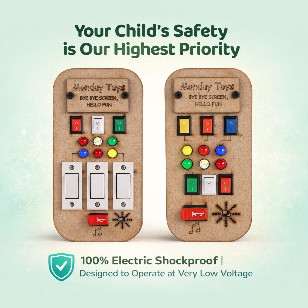 Busy Board Lite Combo Pack – Set of 2 (Real Switches, Lights & Music) Keeps Kids Away from Screen | Real Electric Board Fun Without the Danger | Perfect for 6 months to 4 years