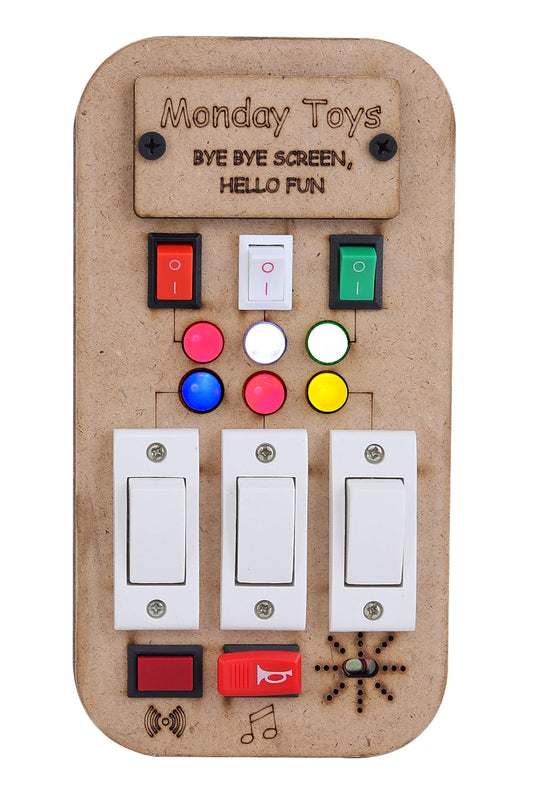 Buzz Beats – Musical Montessori Busy Board with Real Switches | Keeps Kids Away from Screen | Electric Board Fun Without the Danger | Easy To Press Switches with Music, Lights & Gentle Vibration Play | 6 month+ Can Easily Press The Switches and Play