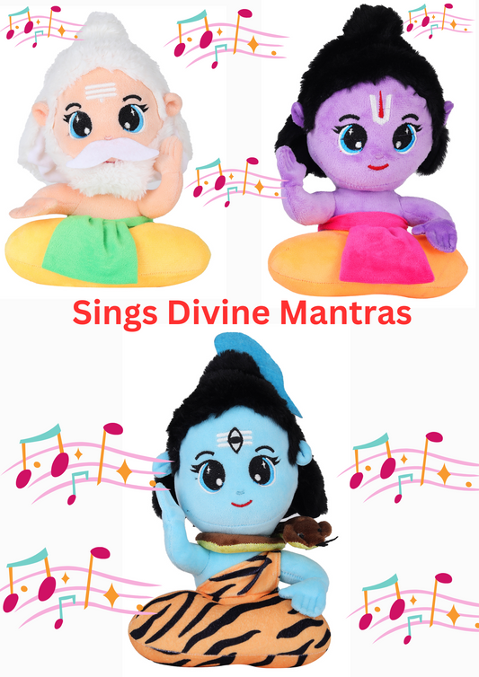 Hindu Trimurti Mantra Singing Soft Toy Set – Brahma, Vishnu & Mahesh (Shiv ji) | Musical Soft Toys for Kids | Ultra Soft & Safe