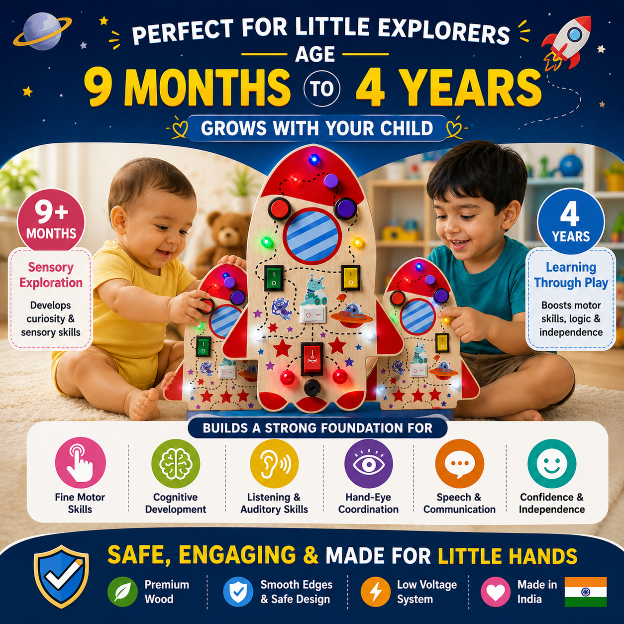 Rocket Montessori Musical Busy Board | Screen-Free Learning, Safe Exploration & Endless Fun for Curious Little Hands (9 Months to 4 Years)