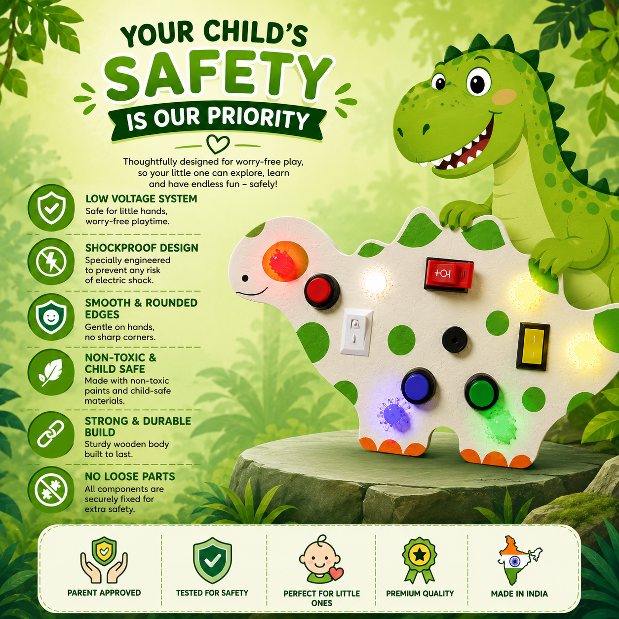 Dinosaur Montessori Musical Busy Board | Screen-Free Learning, Safe Exploration & Endless Fun for Curious Little Hands (9 Months to 4 Years)