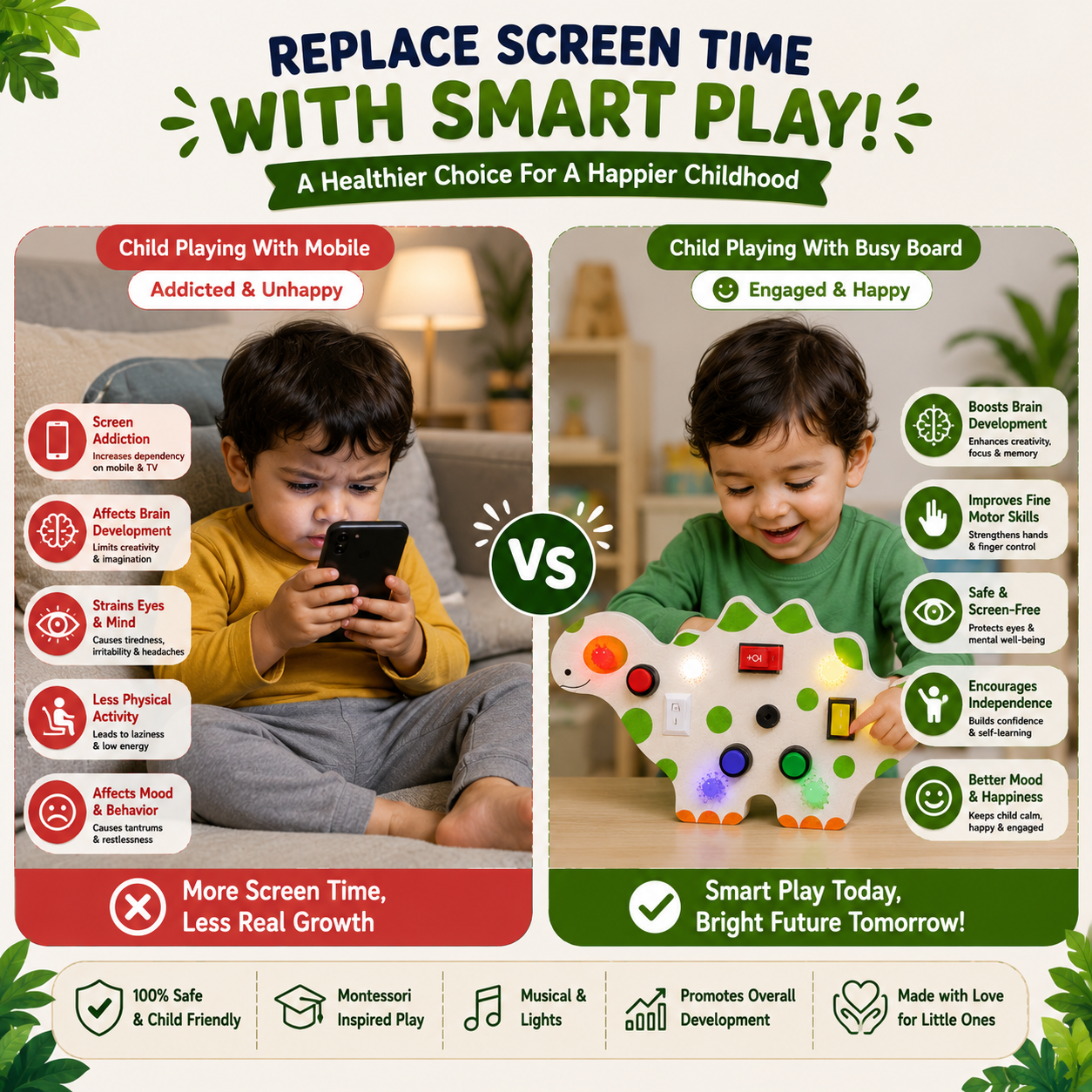 Dinosaur Montessori Musical Busy Board | Screen-Free Learning, Safe Exploration & Endless Fun for Curious Little Hands (9 Months to 4 Years)