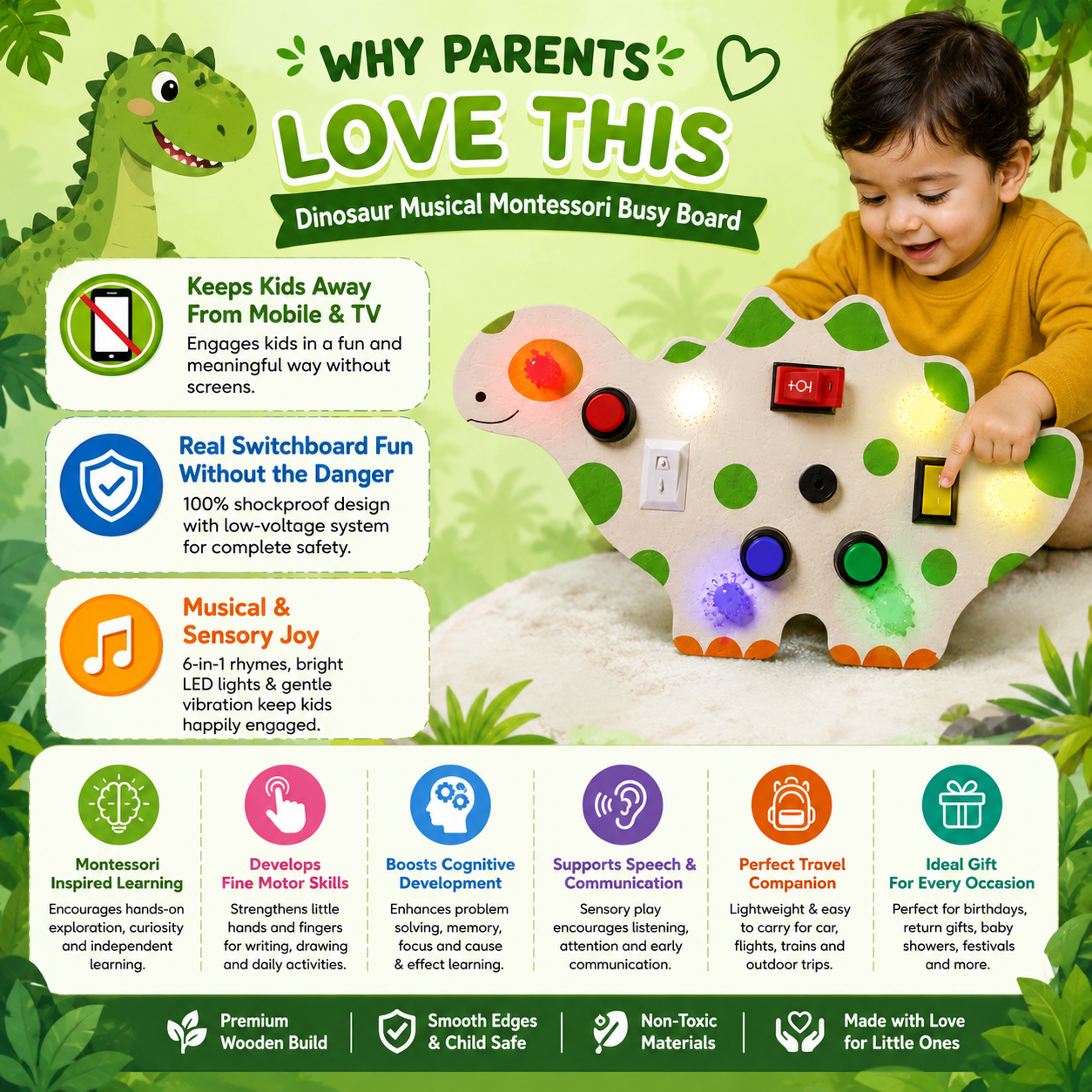 Dinosaur Montessori Musical Busy Board | Screen-Free Learning, Safe Exploration & Endless Fun for Curious Little Hands (9 Months to 4 Years)