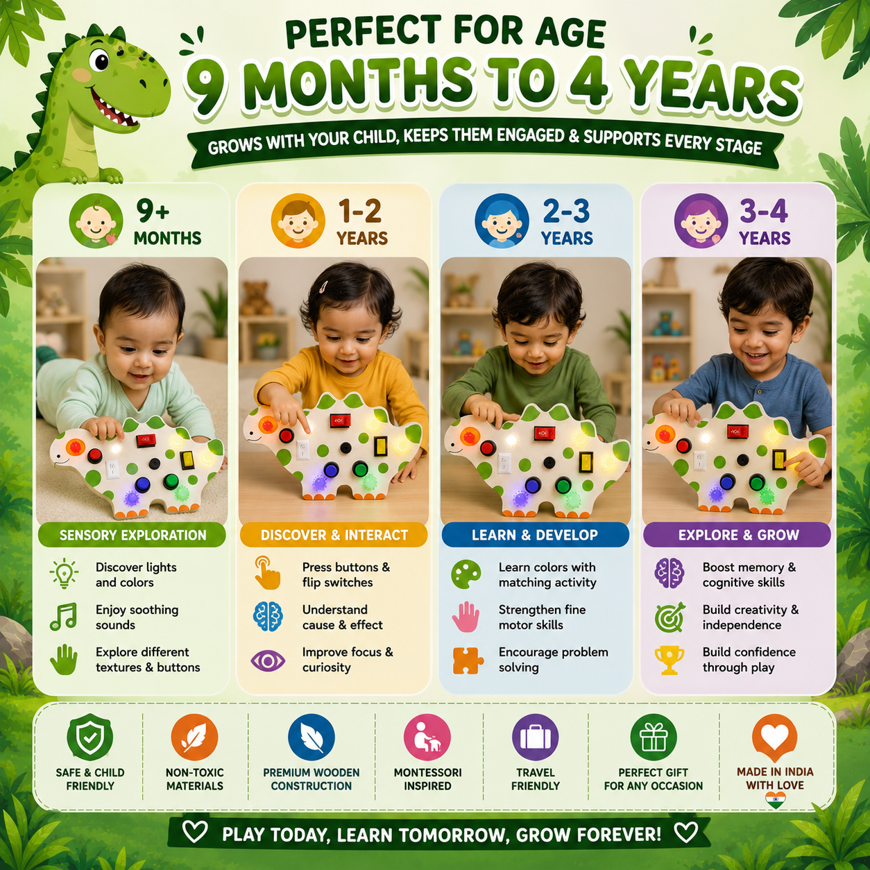 Dinosaur Montessori Musical Busy Board | Screen-Free Learning, Safe Exploration & Endless Fun for Curious Little Hands (9 Months to 4 Years)