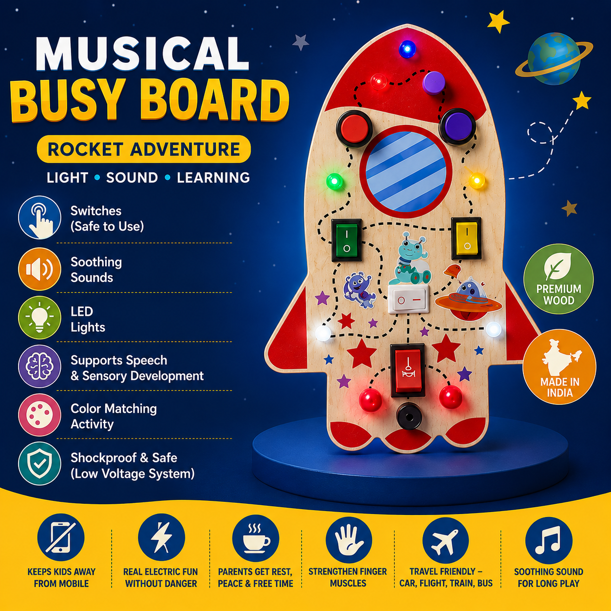 Rocket Montessori Musical Busy Board | Screen-Free Learning, Safe Exploration & Endless Fun for Curious Little Hands (9 Months to 4 Years)
